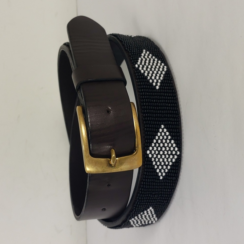 UBUNTU LIFE DIAMOND BLACK / WHITE GLASS BEADS LEATHER BELT WITH BRASS BUCKLE 42